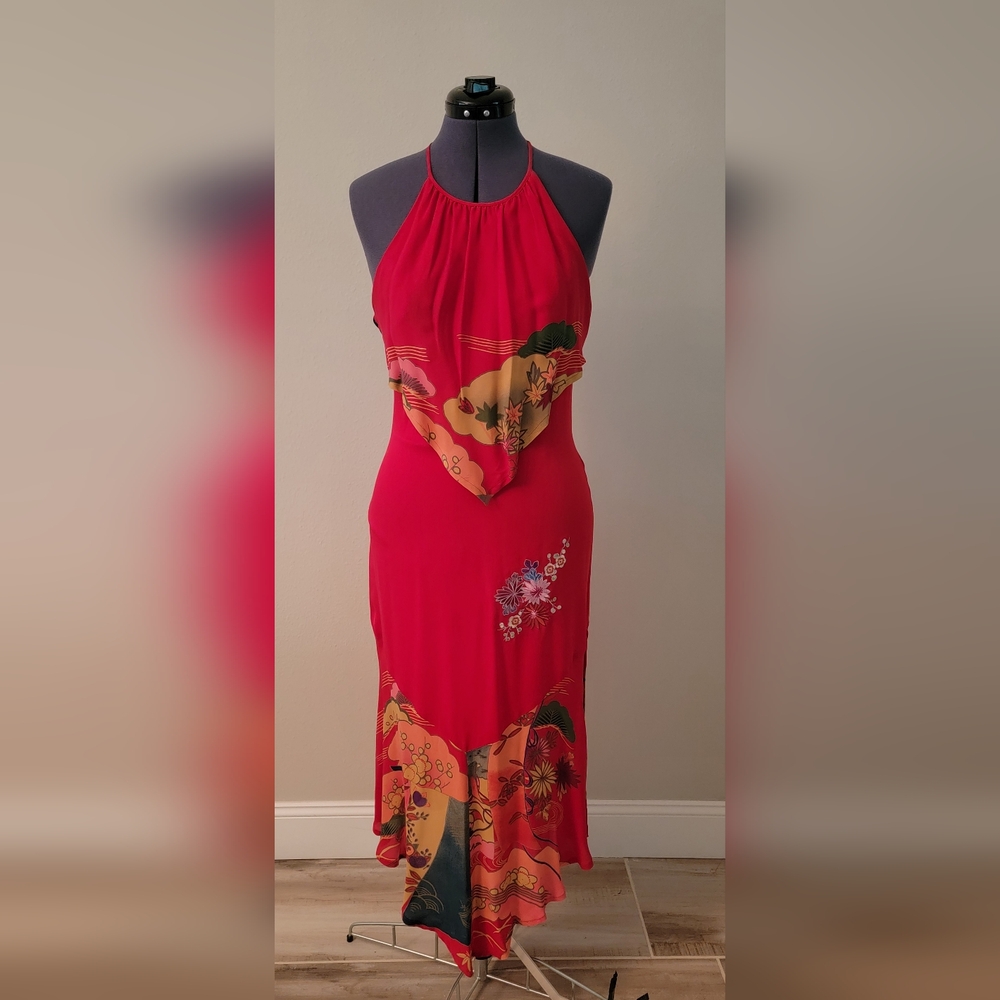 RARE Vintage Y2K Sue Wong Red Floral Halter Dress